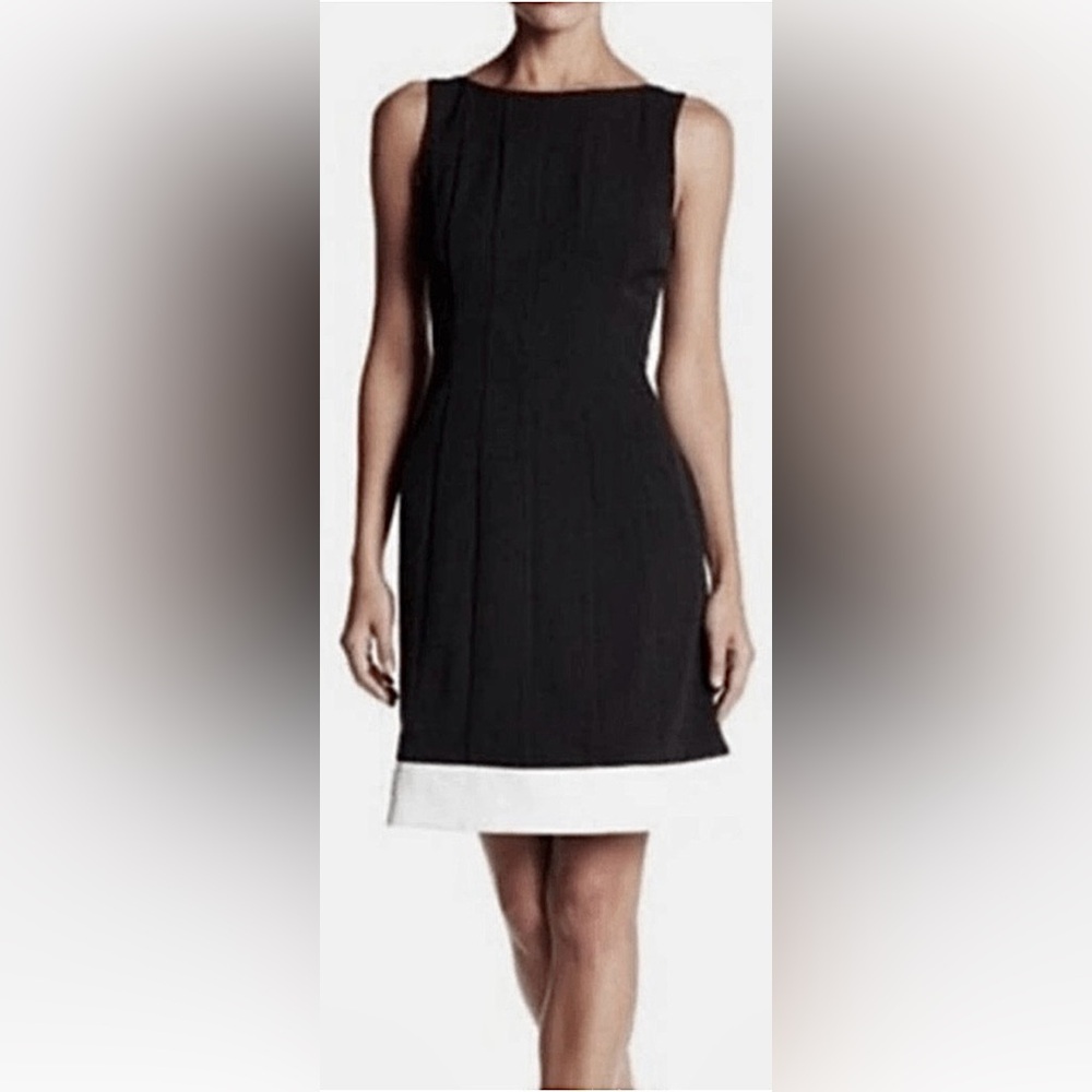 Eliza J Black Shift Dress Vertically Pleated White Band Border Sleeveless Sz. 10
